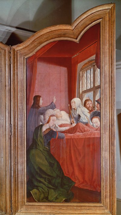 Det hellige slektskap, eller St. Annes altertavle, detalj på høyre panel som viser St. Annes død, 1509 av Quentin Massys or Metsys