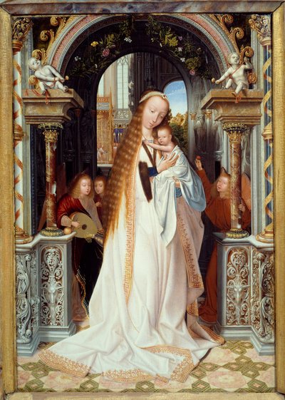 Jomfru og barn med tre engler (Sentralt panel av en triptyk). Maleri av Quentin Metsys (1466-1530) (flammeskole) 1509 Dim. 0,54 x 0,37 m Lyon, musee des Beaux Arts - Jomfru og barn med tre engler. Sentralt panel av en triptyk. Maleri av Quentin av Quentin Massys or Metsys
