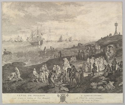 Selger fisk på Scheveningen Vente de Poisson a Schevelinghe [sic] etter maleriet i.... av Quentin Pierre Chedel