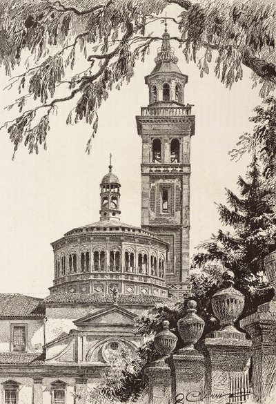 Beata Vergine dei Miracoli Sanctuary, Saronno, Italia, gravering fra en tegning av Quinto Cenni, fra L