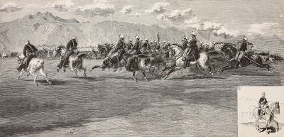Kavaleriøvelser 17. september, med lanser til høyre, Pordenone, Italia, gravering av Cantagalli fra tegning av Quinto Cenni, fra L'Illustration Italiana, nr. 41, 12. oktober av Quinto Cenni