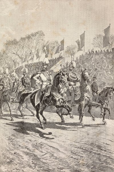 Stabssjefer på vei inn på paradeplassen, feiringer for kronprinsen av Tysklands (fremtidige Frederick III) besøk i Roma, Italia, gravering fra tegning av Quinto Cenni, fra L