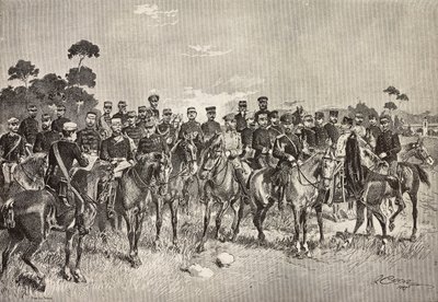 Utenlandske hæroffiserer besøker italienske soldater i Lombardia, Italia, gravering fra en tegning av Quinto Cenni, fra L'Illustrazione Italiana, år 12, nr. 40, 4. oktober av Quinto Cenni
