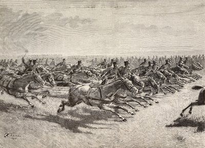 Hesteartilleri av den italienske hæren passerer i full galopp, Lombardia, Italia, gravering fra en tegning av Quinto Cenni, fra L