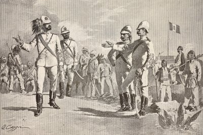 Italienske og lokale soldater, i uniformer fra den italienske hæren i Afrika, Massawa, Eritrea, gravering fra en tegning av Quinto Cenni, fra L'Illustrazione Italiana, år 12, nr. 35, 30. august av Quinto Cenni