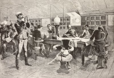 Italienske offiserer inne i kabinen på skipet Gottardo, italiensk ekspedisjon i Rødehavet, gravering fra tegning av Quinto Cenni og skisse av Dante Paolocci, fra L'Illustrazione Italiana, år 12, nr. 6, 8. februar av Quinto Cenni