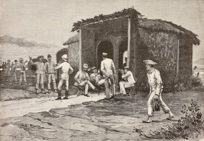 Italienske offiserer nær refektoriepaviljongen, Abdel K'adir, Eritrea, gravering fra en tegning av Quinto Cenni og en skisse av Pieragostini, fra L'Illustrazione Italiana, år 12, nr. 37, 13. september av Quinto Cenni