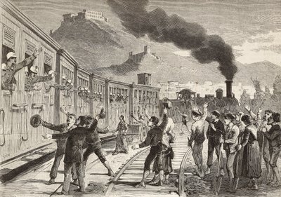 Menn og kvinner tar farvel med italienske soldater som drar fra Cassino jernbanestasjon, Italia, gravering fra tegning av Quinto Cenni og skisse av M Dal Don, fra L