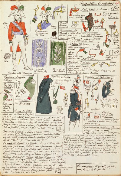 Militære uniformer på den cisalpine republikkens tid fra 1801. Fargeplate av Cenni Quinto av Quinto Cenni