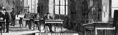 Treves-brødrenes kontorer, designeravdelingen, Milano, Italia, Quinto Cenni-illustrasjon (1845-1917) fra L