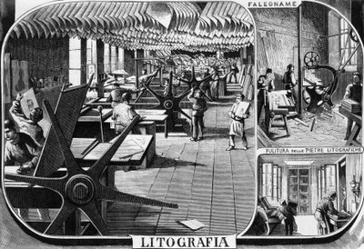 Kontorer til brødrene Treves, litografiavdelingen, Milano, Italia, illustrasjon av Quinto Cenni (1845-1917) fra L'Illustrazione Italiana av Quinto Cenni