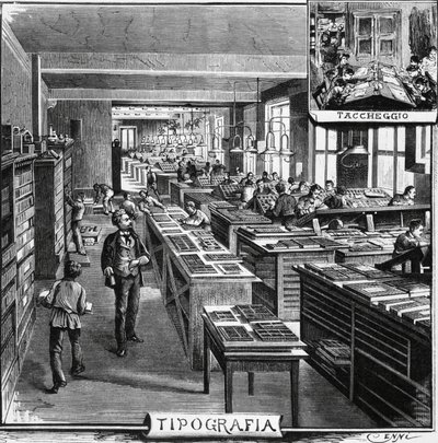 Treves-brødres kontorer, typografi og overlegg, Milano, Italia, illustrasjon av Quinto Cenni (1845-1917) fra L