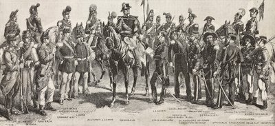 Piemontesisk hær i 1859: infanterister, artillerister, ingeniører, grenaderer, offiserer, generaler, spydmenn, kavalerister, riflemann, gravering fra tegning av Quinto Cenni, fra L