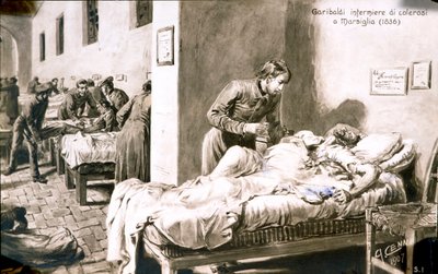 Den italienske patrioten Giuseppe Garibaldi (1807-1882) sykepleier, under navnet Pan-Borel (Pane Borel), til kolerapasientene i Marseille i 1836. Postkort fra 1800-tallets privatsamling av Quinto Cenni