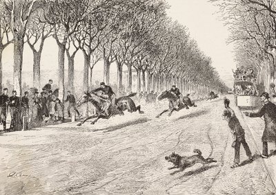 Tre motstandsoffiserer som deltar i hesteveddeløp, Third Savoy-regiment, mellom Milano og Monza, Italia, gravering fra tegning av Quinto Cena, fra L