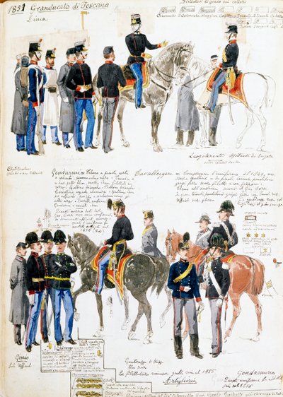 Uniformer av Storhertugdømmet Toscana i 1851, plate hentet fra Cenni-kodeksen, samling av militærskisser tegnet av Quinto Cenni (1845-1917) av Quinto Cenni