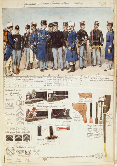 Uniformer of Grenadiers of Sardinia, linjeinfanteri, underoffiserer fra Kingdom of Italy, fargeplate av Quinto Cenni av Quinto Cenni