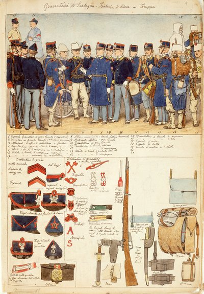 Uniformer of Grenadiers of Sardinia, linjeinfanteri, tropp av Kingdom of Italy, fargeplate av Quinto Cenni av Quinto Cenni