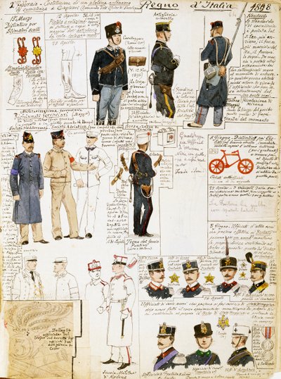 Uniformer of Kingdom of Italy i 1898, plate fra Cenni Codex, samling av militærskisser i akvarell av Quinto Cenni