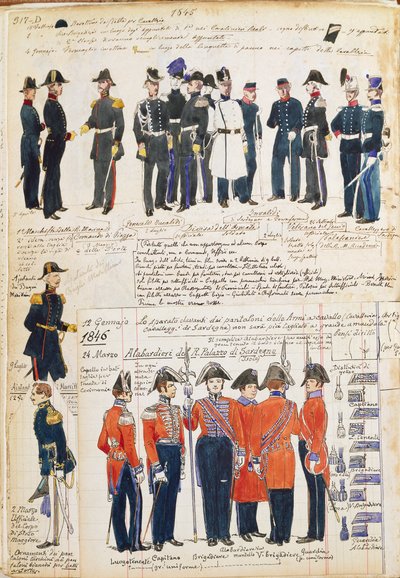 Uniformer av den piemontesiske hæren fra 1845-1846. Fargeplate av Cenni Quinto av Quinto Cenni