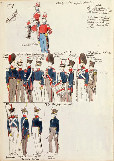 Ulike uniformer, av Quinto Cenni, fargeplate, ca 1834-1841 av Quinto Cenni