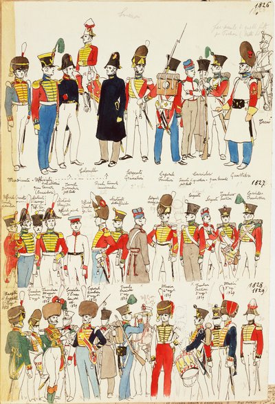 Diverse uniformer, datert fra 1826 til 1829. Fargeplate av Cenni Quinto av Quinto Cenni