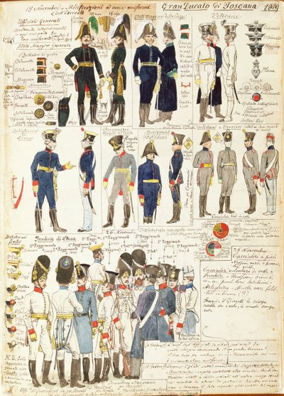 Ulike uniformer fra Storhertugdømmet Toscana av Quinto Cenni, fargeplate av Quinto Cenni