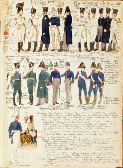 Ulike uniformer fra Storhertugdømmet Toscana av Quinto Cenni, fargeplate av Quinto Cenni