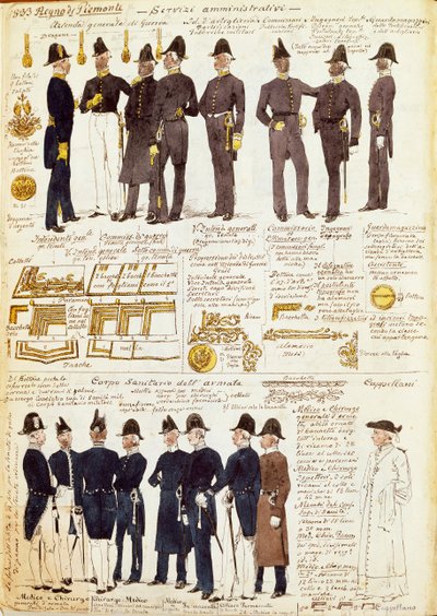 Ulike uniformer fra Kingdom of Sardinia, av Quinto Cenni, fargeplate av Quinto Cenni