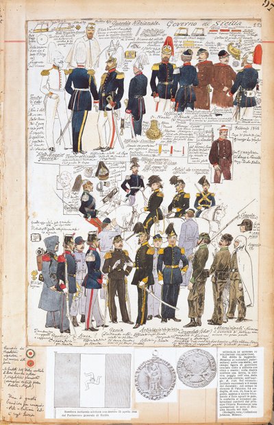 Ulike uniformer fra den provisoriske regjeringen på Sicilia av Quinto Cenni, fargeplate av Quinto Cenni