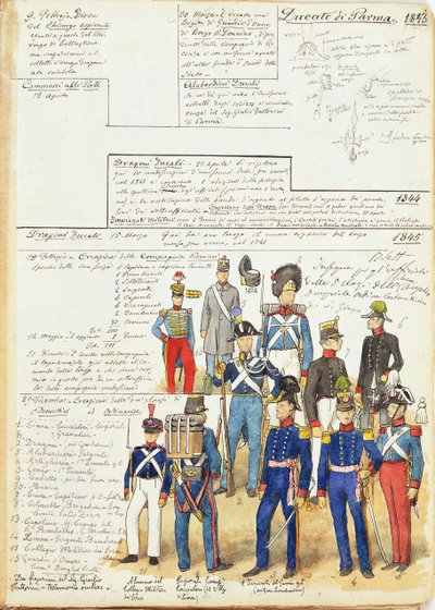 Diverse uniformer fra hertugdømmet Parma fra 1845. Fargeplate av Cenni Quinto av Quinto Cenni