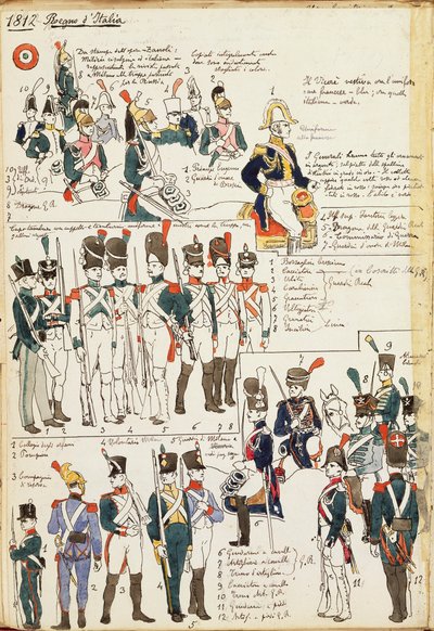 Ulike uniformer fra kongeriket Italia fra 1807. Fargeplate av Cenni Quinto av Quinto Cenni