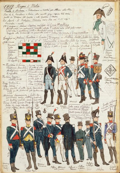 Ulike uniformer fra kongeriket Italia fra 1807. Fargeplate av Cenni Quinto av Quinto Cenni