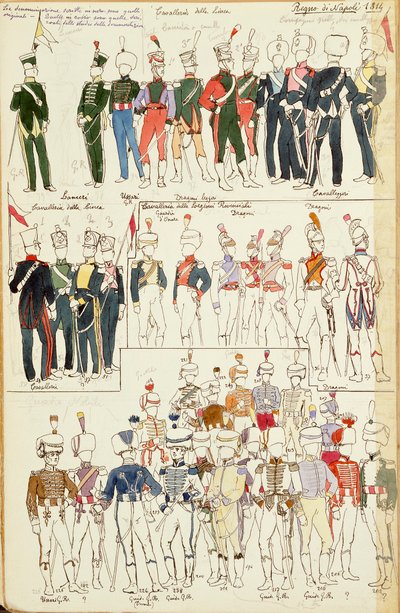 Ulike uniformer fra kongeriket Napoli fra 1814. Fargeplate av Cenni Quinto av Quinto Cenni