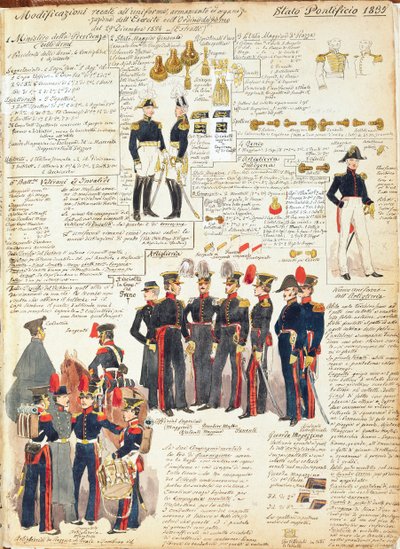 Diverse uniformer fra pavestatene fra 1835. Fargeplate av Cenni Quinto av Quinto Cenni