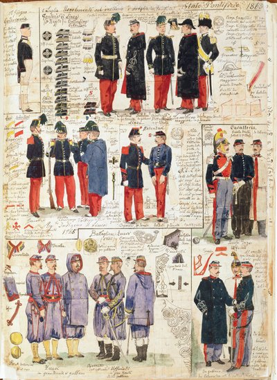 Diverse uniformer fra pavestatene fra 1865. Fargeplate av Cenni Quinto av Quinto Cenni