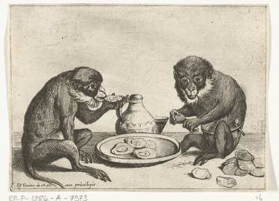 To aper spiser østers Ulike selskaper av menneskeliv presentert av aper (serietittel) apespillet i verden (serietittel) av Quirin Boel