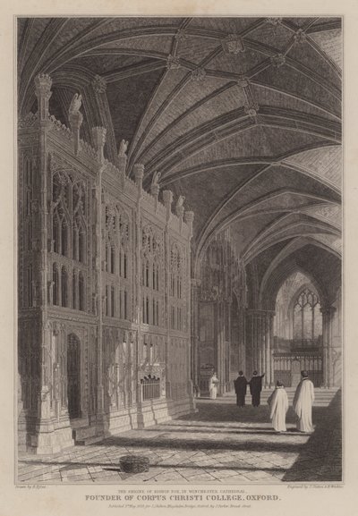 Helligdommen til Bishop Foxe, grunnlegger av Corpus Christi College, Oxford, i Winchester Cathedral (gravering) av R. (after) Essex
