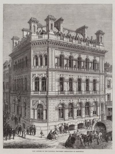 Nye kontorer til National Provident Institution i Eastcheap av R. Dudley