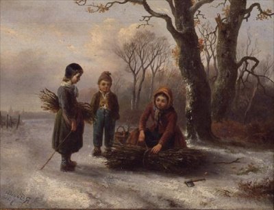 Barn som samler tømmerstokker, ca. 1884 (panel) av R. Favelle