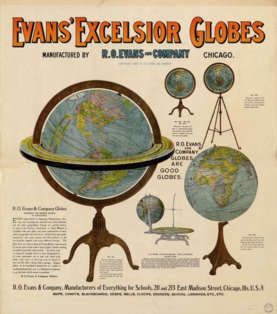 Annonseplakat for globuser har representasjoner av 5 globuser og noe beskrivende tekst av R. O. Evans And Company