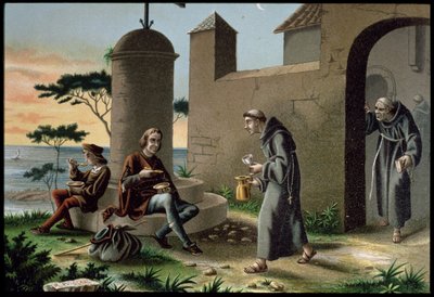 Ankomsten til Christopher Columbus (1451-1506) med sin sønn ved klosteret la Rabida, fra The Discovery of America, utgitt i Barcelona i 1878 (farge litho) av R. Puiggari