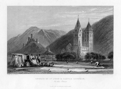 Johanneskirken og slottet Lahneck ved Rhinen, 1838 av R. Wallis