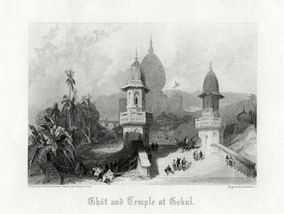 Ghat og tempel i Gokul, India, c1838. av R. Wallis