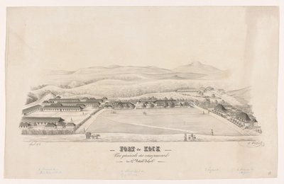 Utsikt over Fort de Kock Fort de Kock / Vue générale du campemente / du 17de Batail.on Infant.rie (tittel på objekt) av R. Walthert (signed by artist)