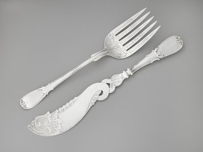 Fiskegaffel og kniv, ca. 1835–1845 (sølv) av R. and W. Wilson