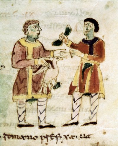 Kyllingens kjøpmann fra et manuskript ""De Universo"" (ou De rerum naturis (De la Nature des choses) av Rabanus Maurus or Mauro Rabano Magnentius