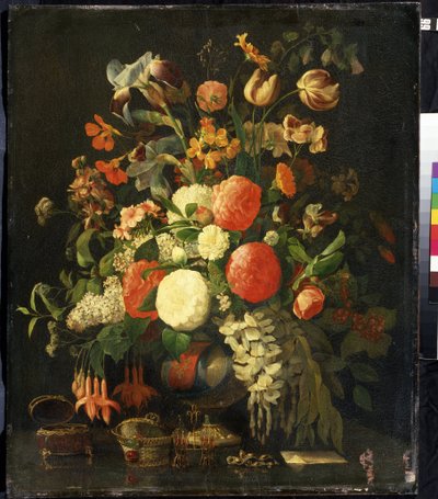 ""Bukett med blomster"" (Blomster) På bordet står smykkeskrin. Maleri av Rachel Ruysch (1664-1750) Mikhail Kroshitsky kunstmuseum fra 1700-tallet, Sevastopol (Sevastopol) Ukraina av Rachel Ruysh