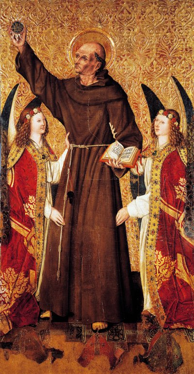 St. Bernard og engler, sentralpanel av St. Bernard-altertavlen av Rafael Tomas (aktiv 1455-1479), predella av Joan Figuera (aktiv fra 1454-død 1477 eller 1479), tempera på panel, 398, 9x253 cm av Rafael & Figuera Joan (active c.1454 1477) Tomas
