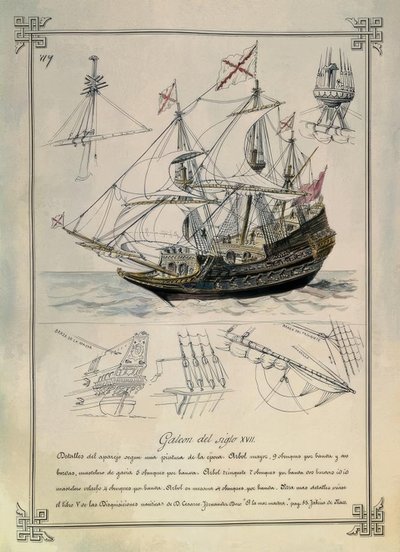 1600-TURLETS GALEON I EN 1800-TALLETEGNING av Rafael Monleon y Torres